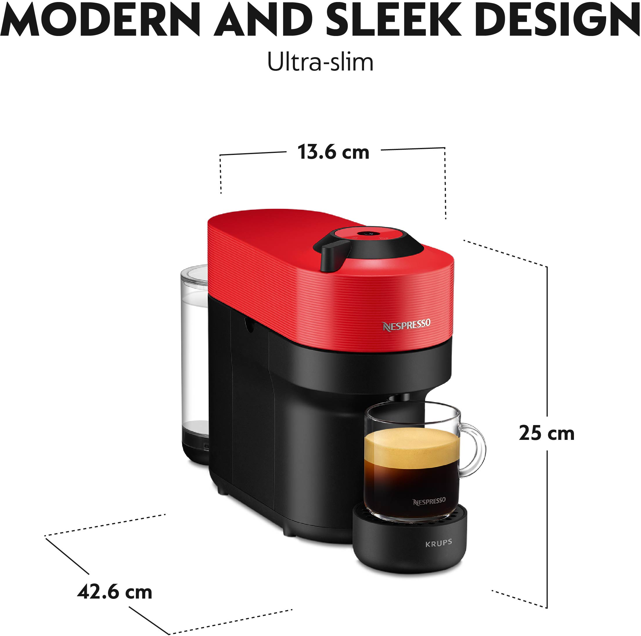 Macchina da caffè Nespresso Vertuo Pop rossa con misure e una tazza.