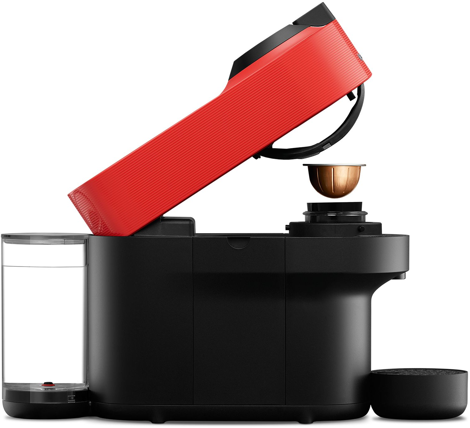 Macchina Nespresso nera e rossa con la parte superiore aperta.