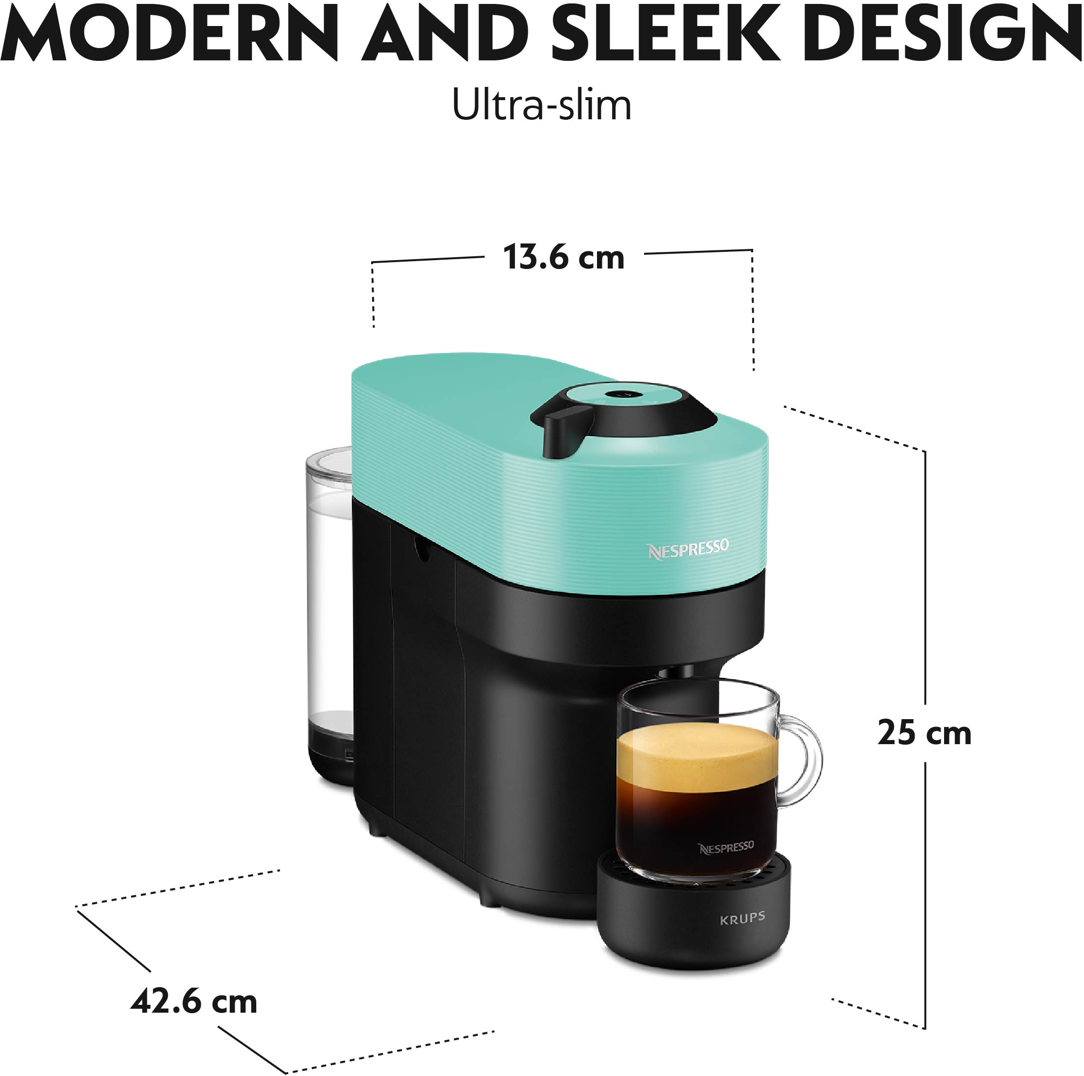 Eine grüne Nespresso Vertuo Pop Kaffeemaschine mit einer Kaffeetasse. Abmessungen sind angegeben: 13,6 cm, 25 cm, 42,6 cm.