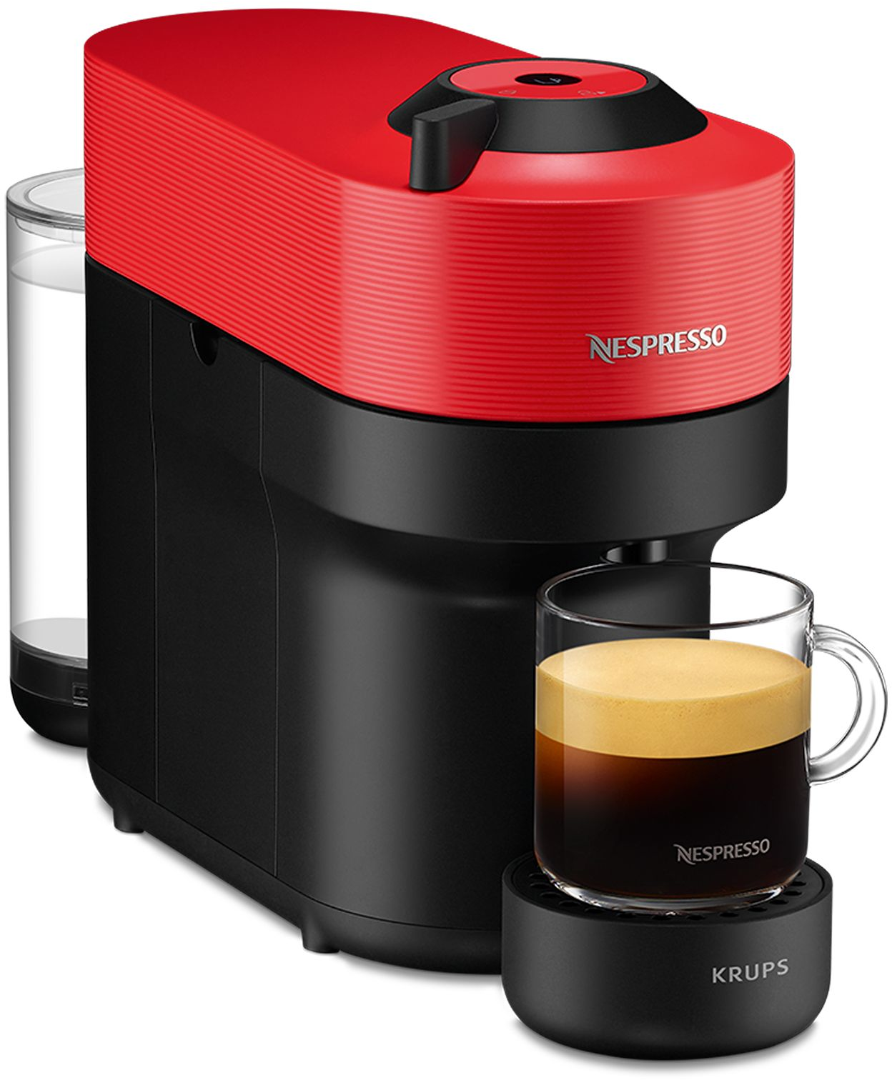 Macchina da caffè Nespresso rossa e nera, con una tazza di caffè su un supporto nero.