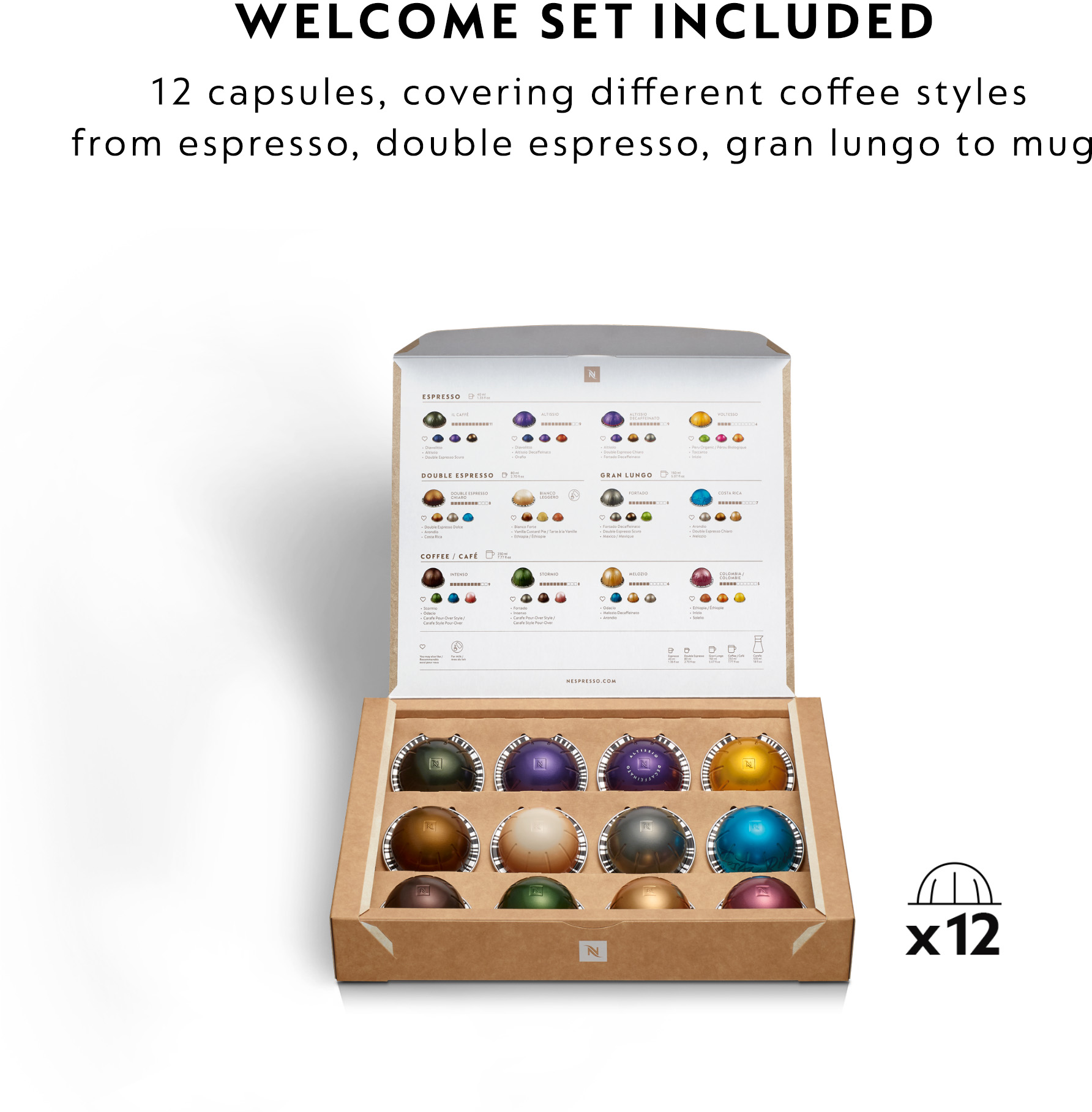 Kaffeepads in einer Box. Box mit Kapseln in verschiedenen Farben. Text: "WELCOME SET INCLUDED".
