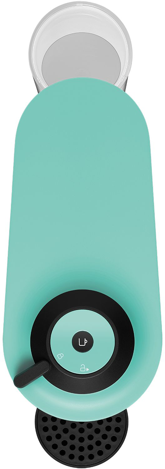 Eine Draufsicht auf die grüne Nespresso Vertuo Pop Kaffeemaschine. Die Oberseite hat einen Einschaltknopf und einen Hebel.