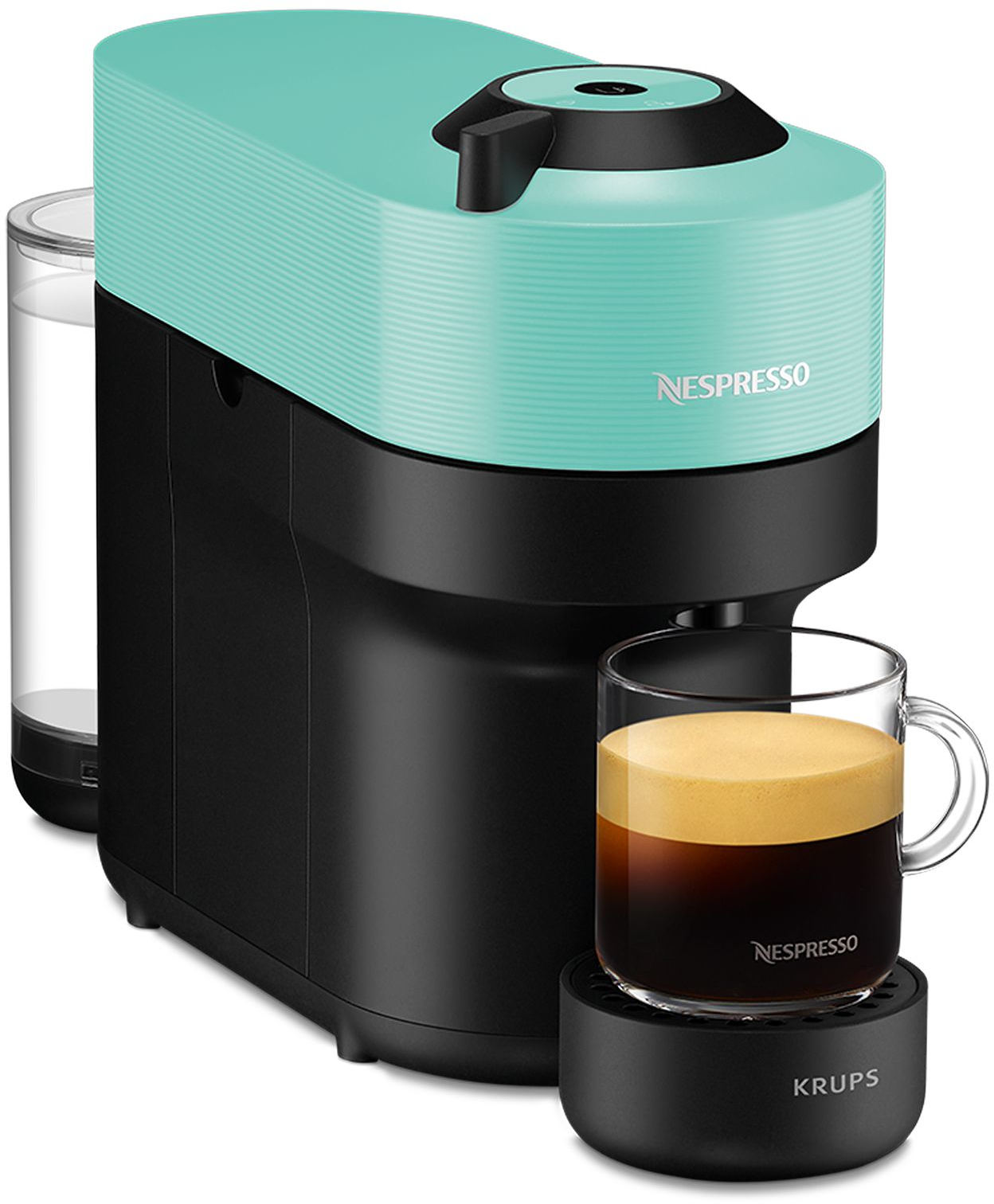 Türkis-schwarze Kaffeemaschine mit einem Glas Kaffee. Schwarze Basis. Weißer Hintergrund.