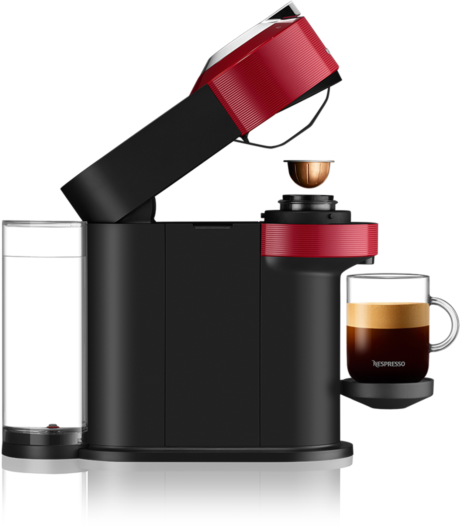 Schwarze und rote Nespresso-Kaffeemaschine mit einem Glas Espresso.
