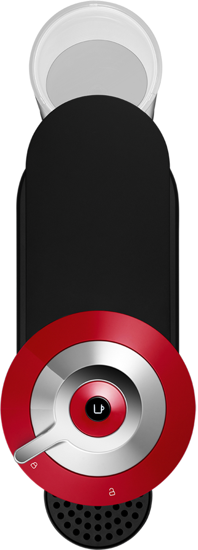 Draufsicht auf eine schwarz-rote Nespresso-Maschine. Ein roter Kreis mit einem silbernen Knopf ist sichtbar.