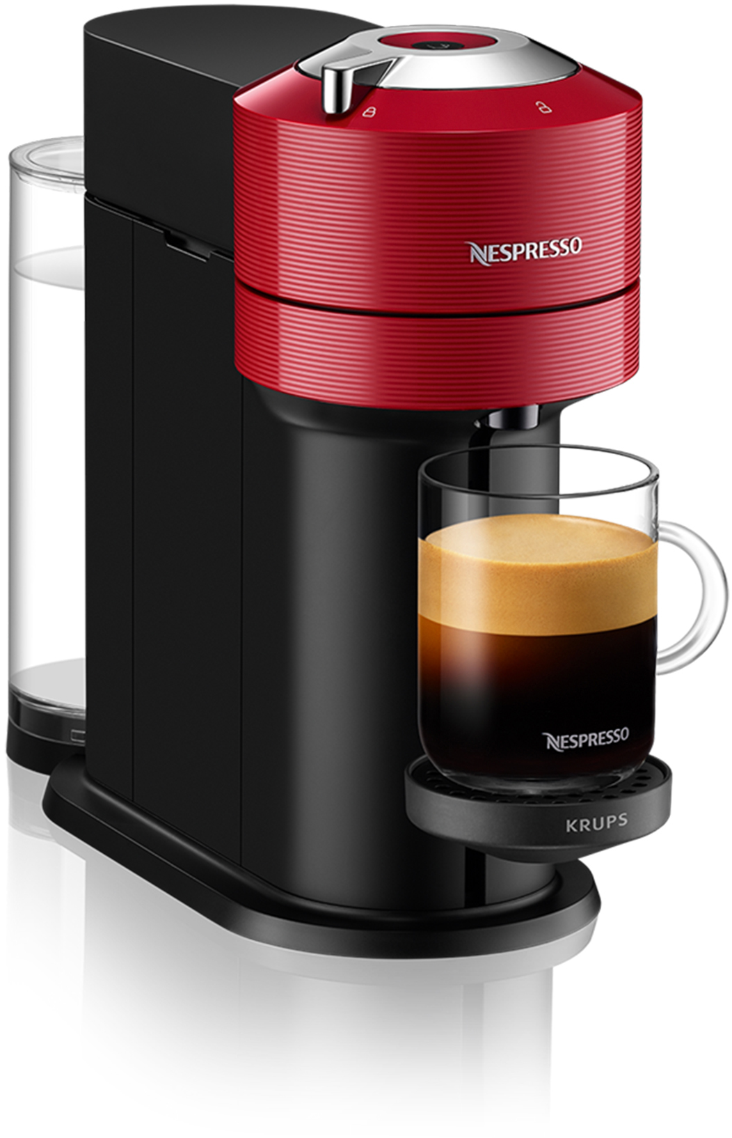 Rote und schwarze Nespresso-Kaffeemaschine mit einer Tasse Kaffee, schwarzer Sockel.