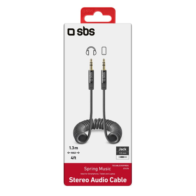 Verpackung eines 'sbs' Stereo-Audiokabels mit Spiralkabel. Schwarzes Spiralkabel mit goldenen Steckern. Text enthält 'Spring Music' und '3,5mm Jack'.