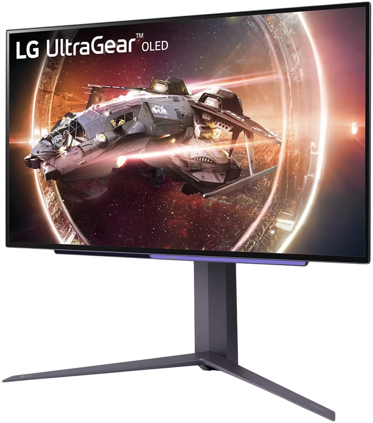 Egy LG UltraGear OLED monitor egy űrhajós jelenetet mutat, állványra szerelve.