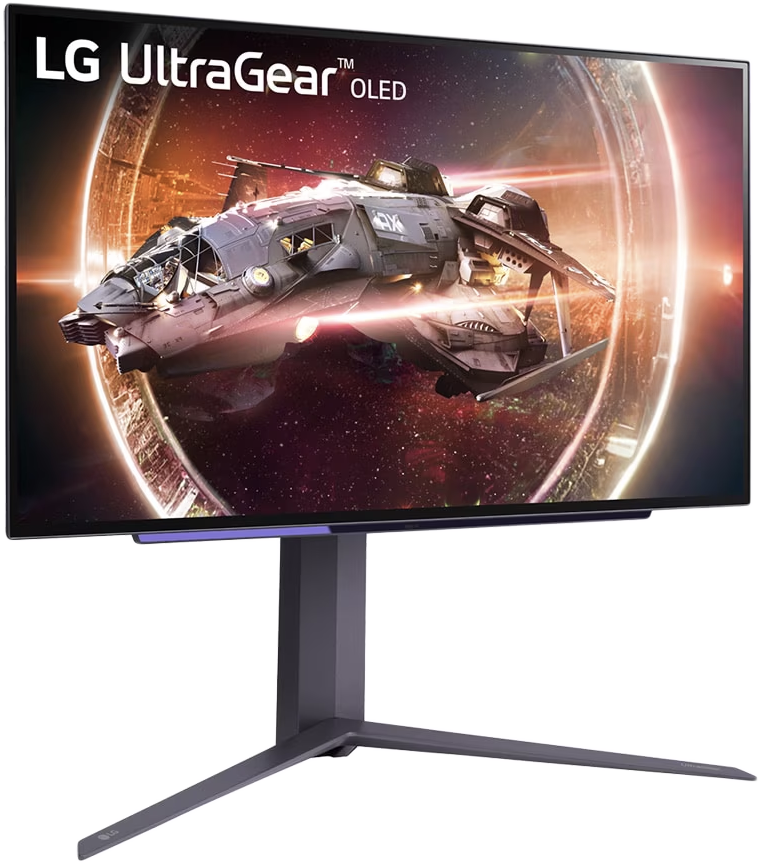 Egy nagy LG Ultrawide monitor, amely egy űrcsatás jelenetet jelenít meg egy űrhajóval.