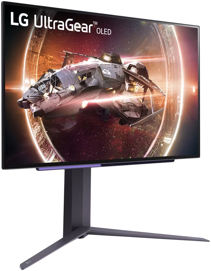 LG UltraGear OLED monitor állványon. Űrhajót jelenít meg űr témájú grafikában.