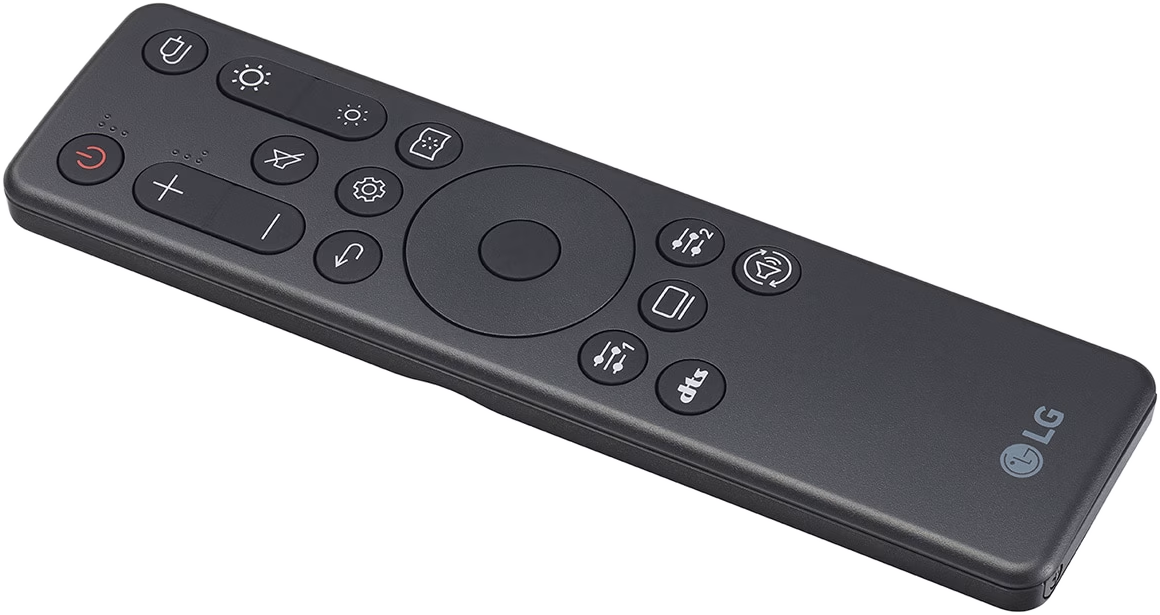 Fekete LG távirányító, több gombbal, beleértve a bekapcsolást, hangerőt, beállításokat és navigációt.