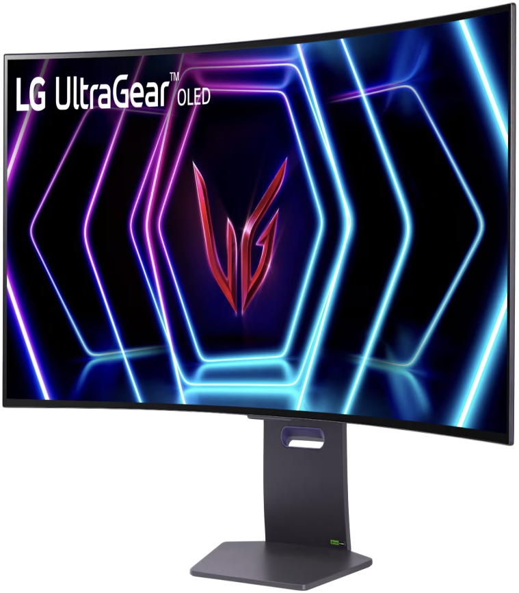 Ívelt LG UltraGear OLED monitor fekete állvánnyal, élénk grafikát jelenít meg.