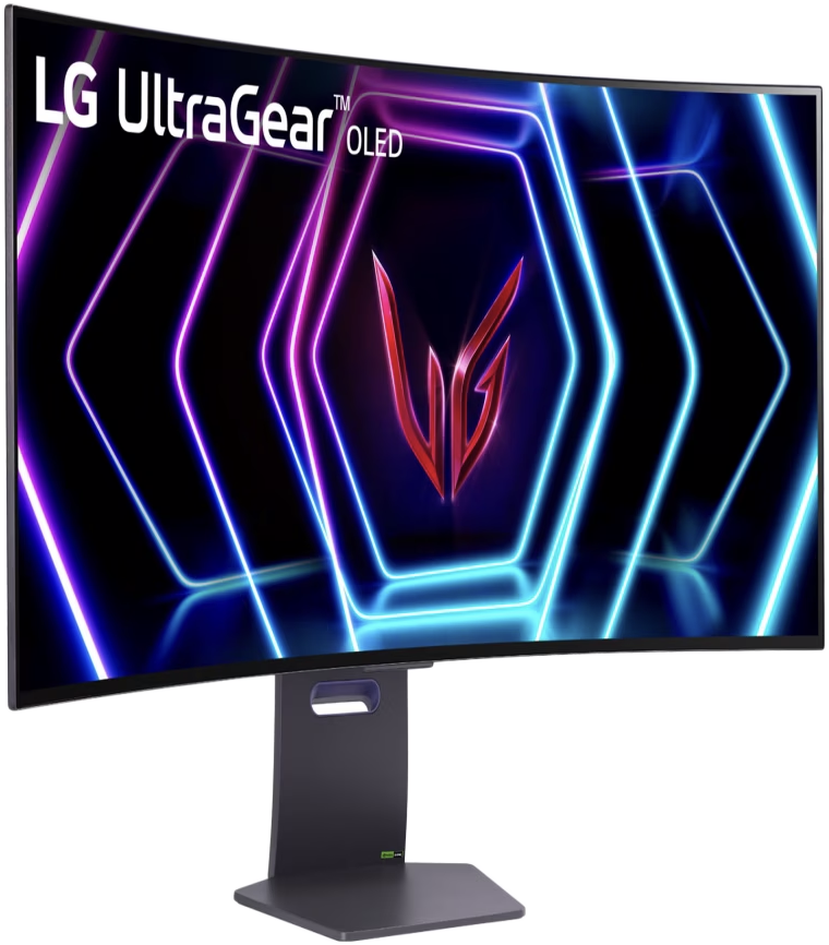 Ívelt fekete LG UltraGear OLED monitor állvánnyal és neon hatszögekkel.