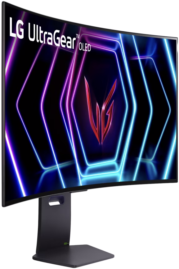 Ívelt LG UltraGear OLED monitor egy gaming felülettel. Neonfények és egy állvány látható.