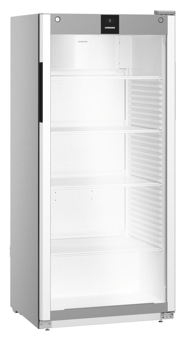 Silberner Kühlschrank mit Glastür.