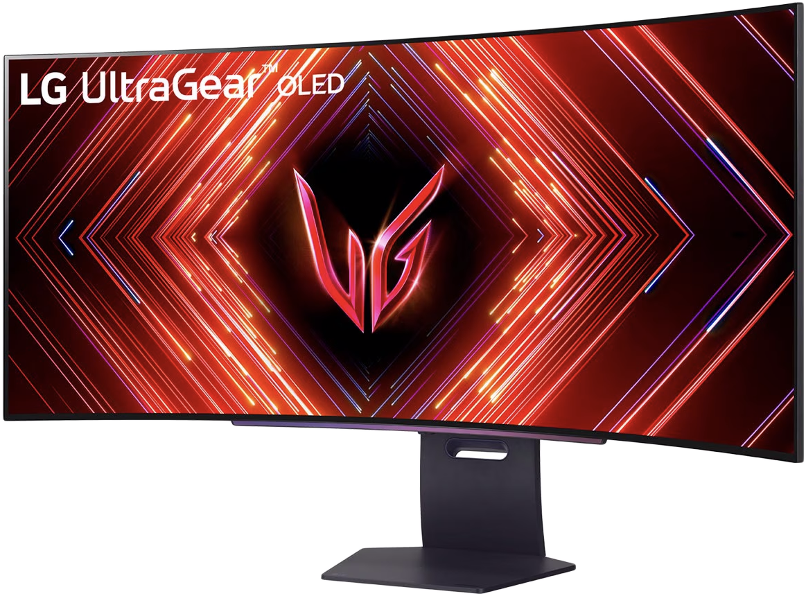 Ívelt LG UltraGear OLED monitor. Fekete állvány. A képernyő piros és fekete geometriai dizájnt jelenít meg, LG UltraGear logóval.
