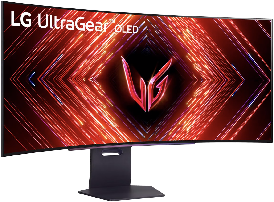 Ívelt LG UltraGear OLED monitor geometriai piros és narancs mintával.