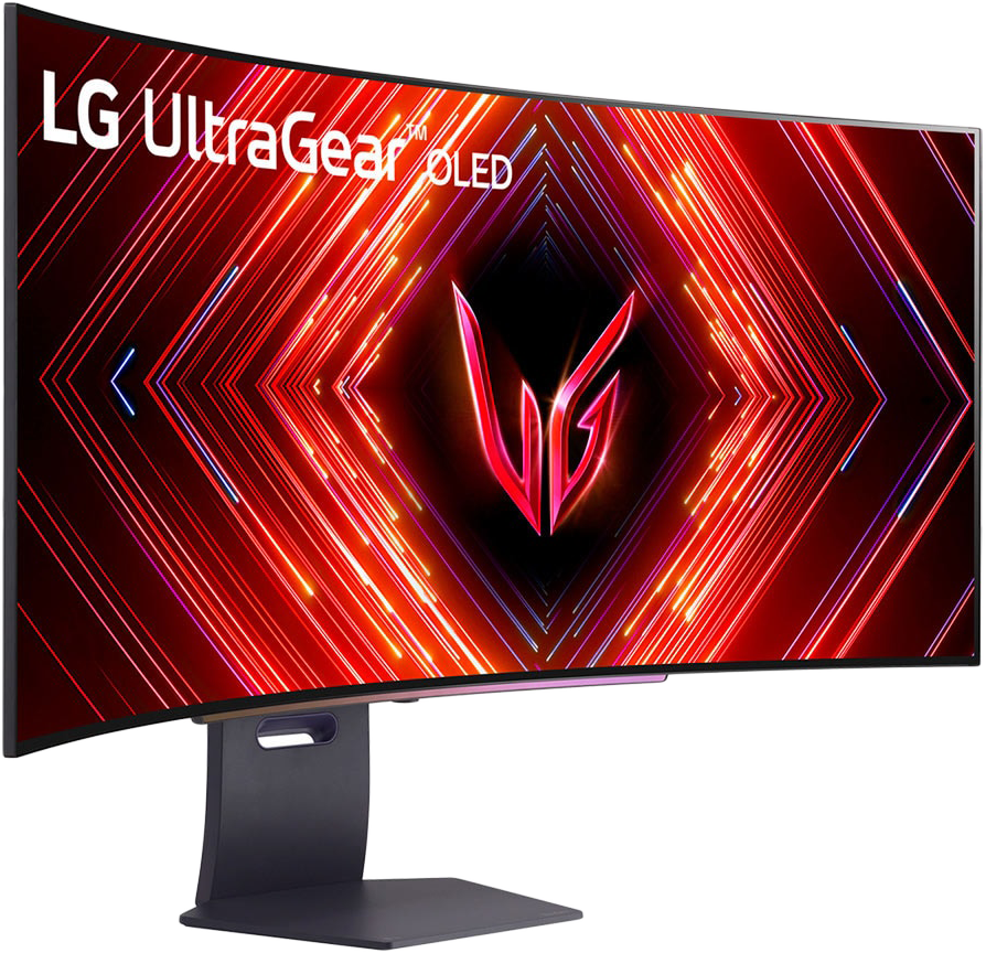 Ívelt LG UltraGear OLED monitor, amely piros és fekete absztrakt dizájnt mutat fekete háttéren.