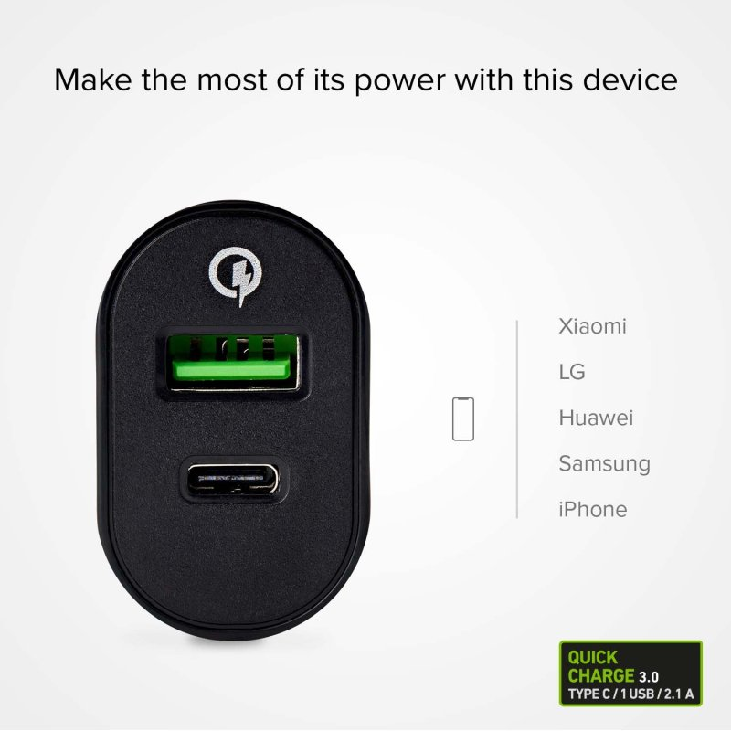 Ein schwarzes USB-Ladegerät mit grünem USB-Anschluss und USB-C-Anschluss, beschriftet mit 'Quick Charge 3.0'.