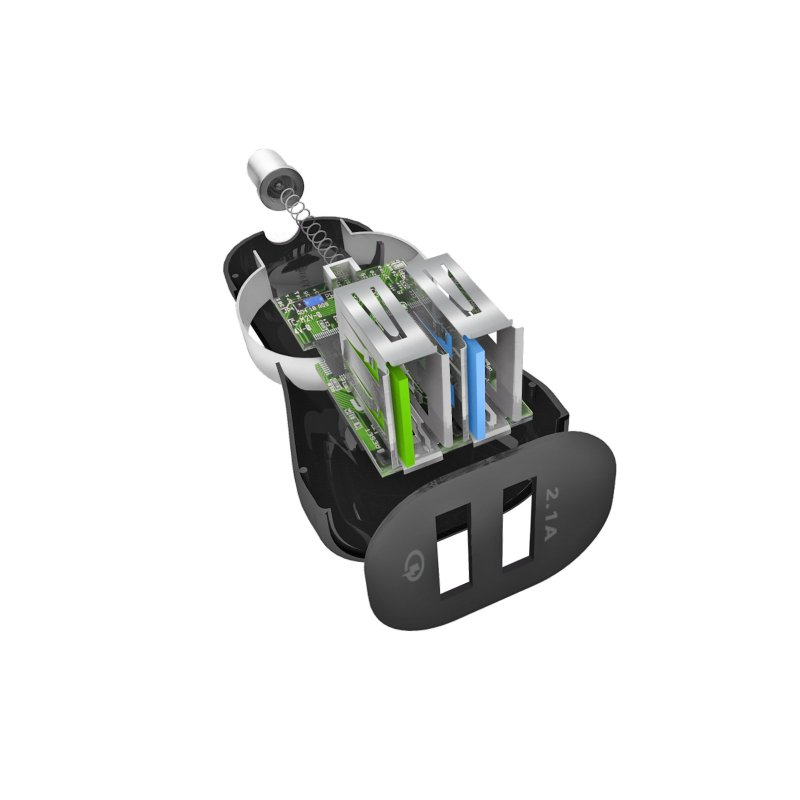 Schnittansicht eines USB-Autoladegeräts. Zeigt interne Komponenten.