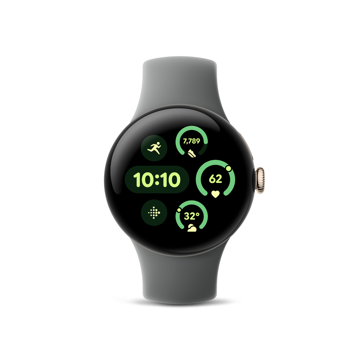 Un reloj inteligente Google Pixel gris con una pantalla negra que muestra datos de fitness, incluyendo hora y frecuencia cardíaca.