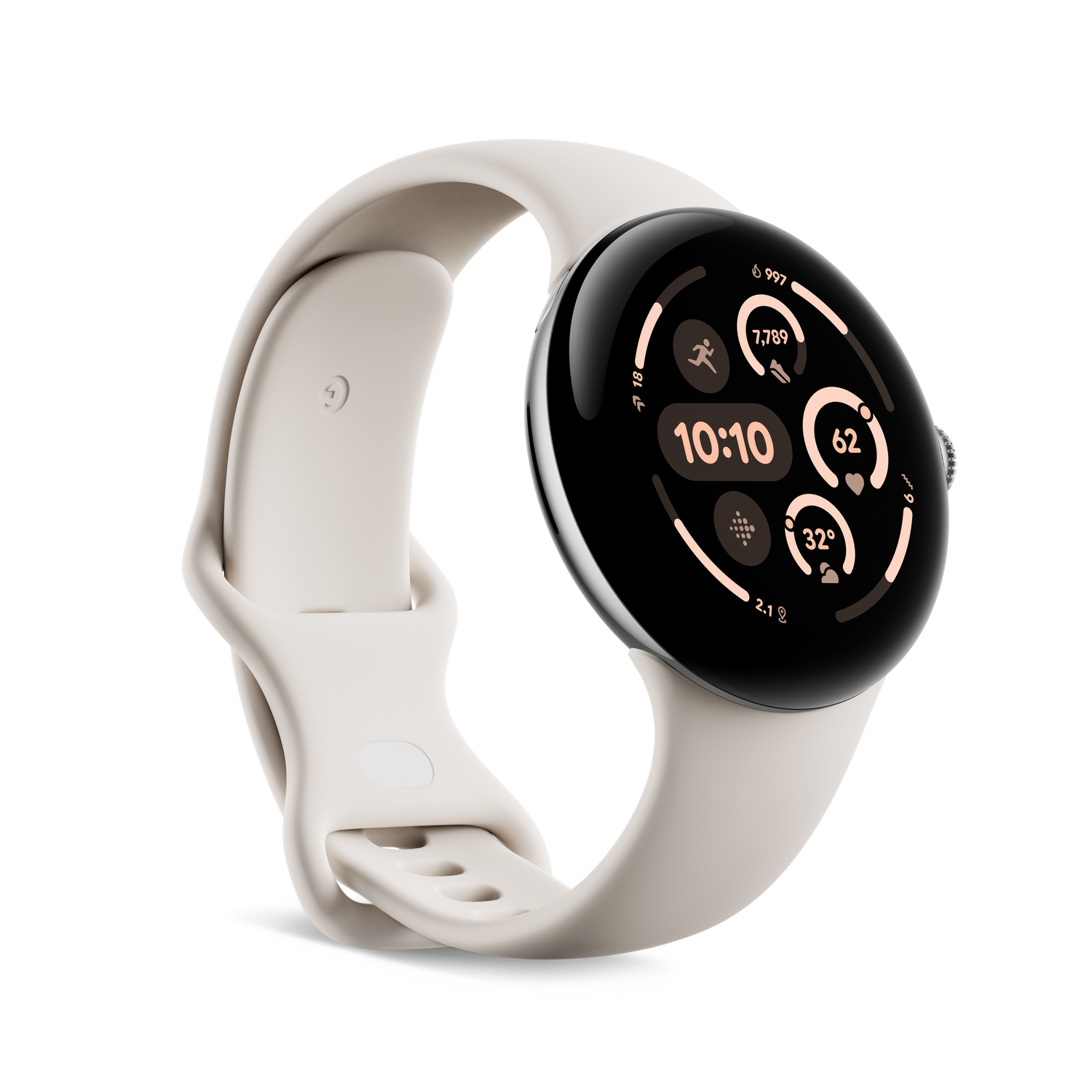 Un reloj inteligente blanco con una pantalla negra. Tiene una correa blanca y está en ángulo sobre un fondo negro.