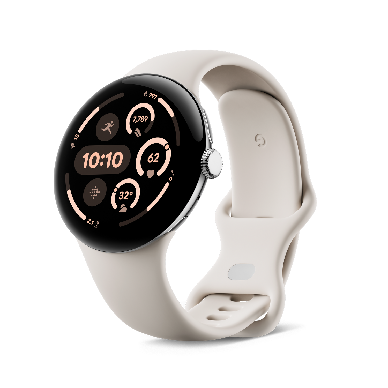 Un reloj Google Pixel blanco con una correa color crema, que muestra la hora y las métricas de fitness.