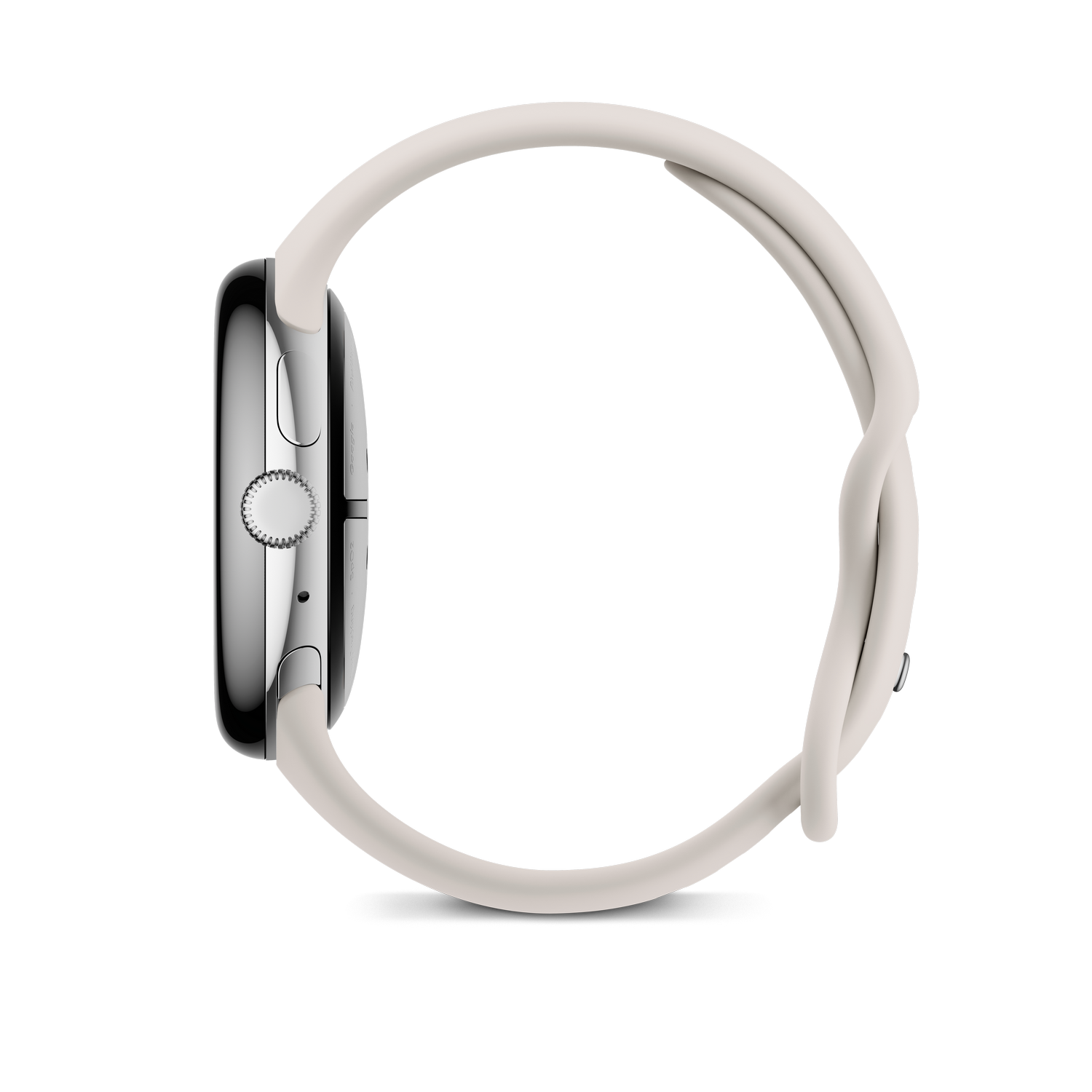 Apple Watch plateado con correa blanca, vista lateral sobre fondo negro.