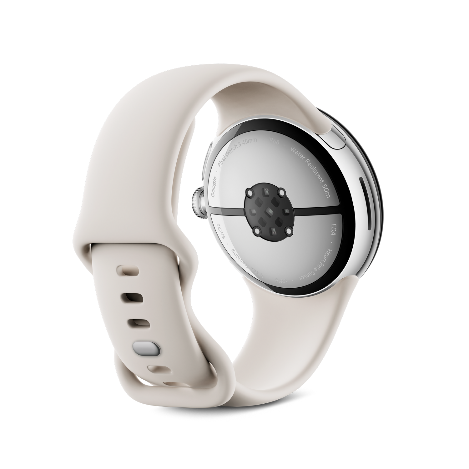 Primer plano de un Pixel Watch blanco con correa blanca. La parte trasera muestra sensores y el logo de Google.