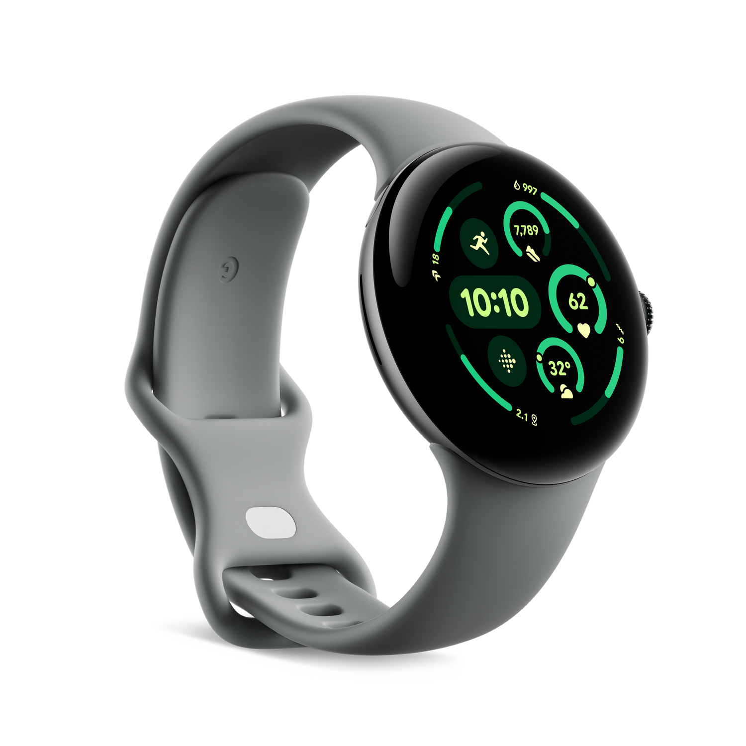 Primer plano de un reloj inteligente gris sobre un fondo negro, mostrando la hora, los pasos y otros datos.