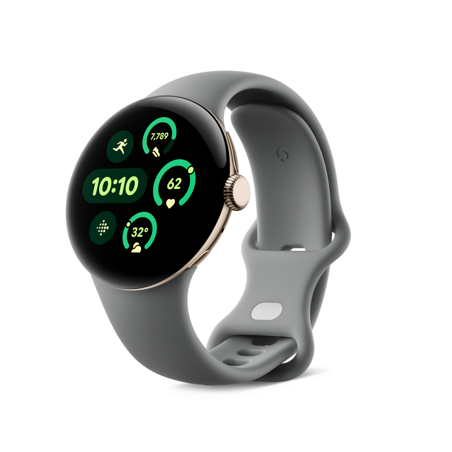 Smartwatch gris con pantalla negra mostrando hora y métricas de salud, sobre fondo negro.