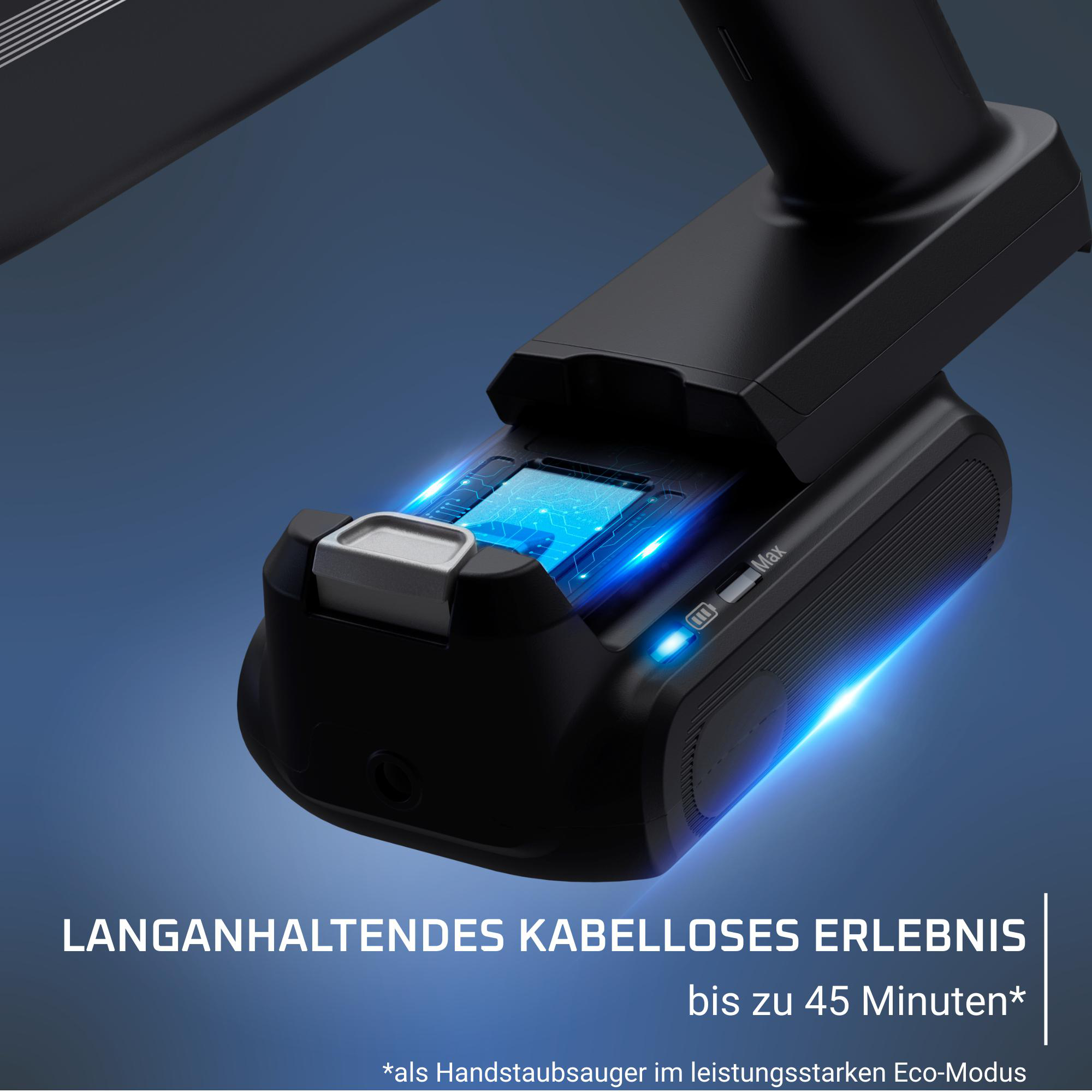 Schwarzer kabelloser Staubsauger, Nahaufnahme des Akkufachs.