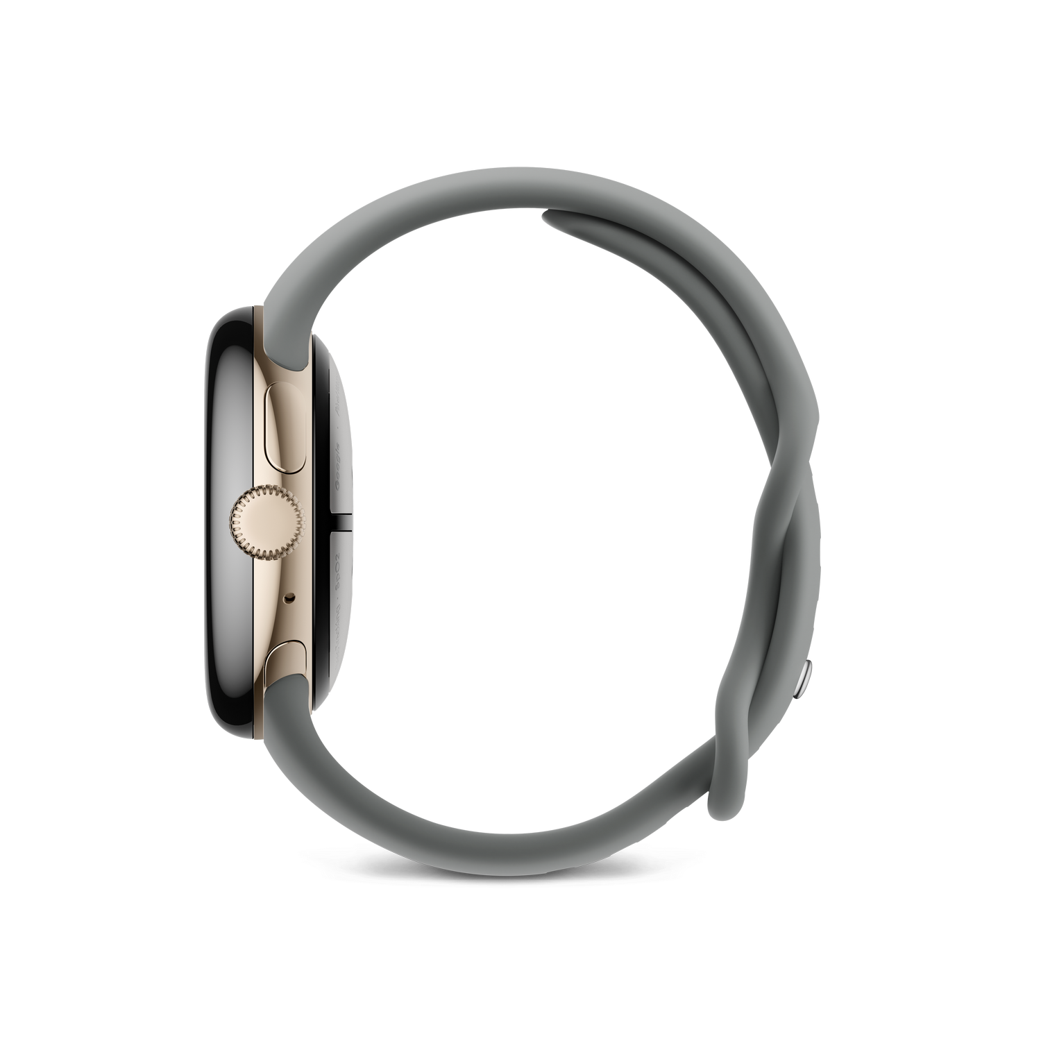 Vista lateral de un Apple Watch dorado con correa gris, sobre un fondo negro.