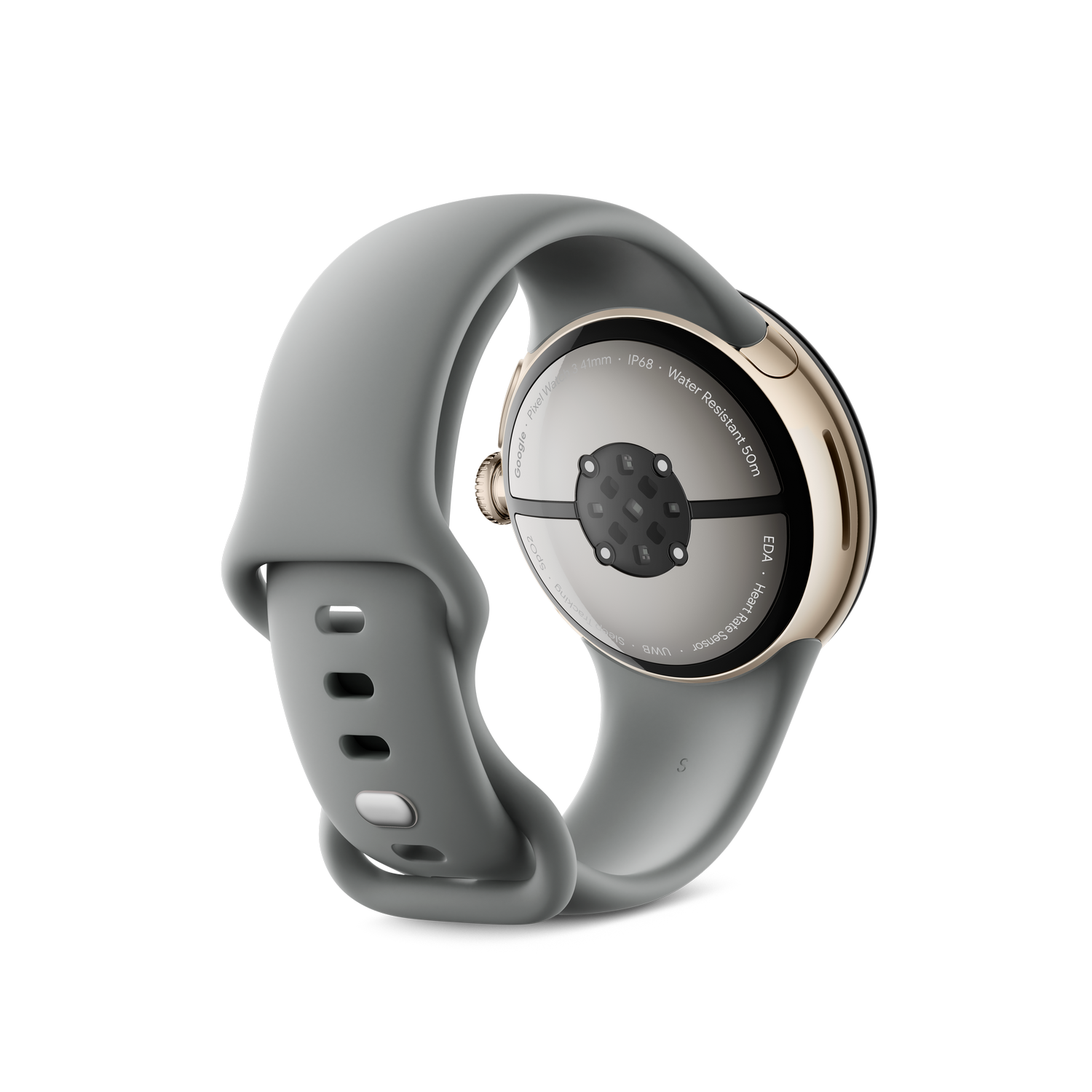 Smartwatch gris con bisel dorado, mostrando la parte trasera con sensores y la correa.