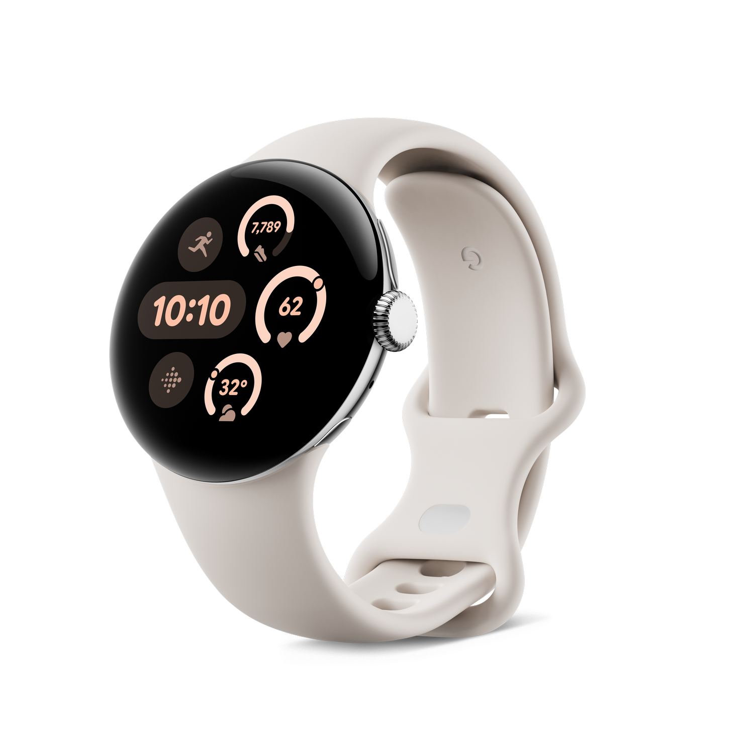 Un smartwatch blanco con correa clara. La pantalla muestra hora, datos de actividad y frecuencia cardíaca.