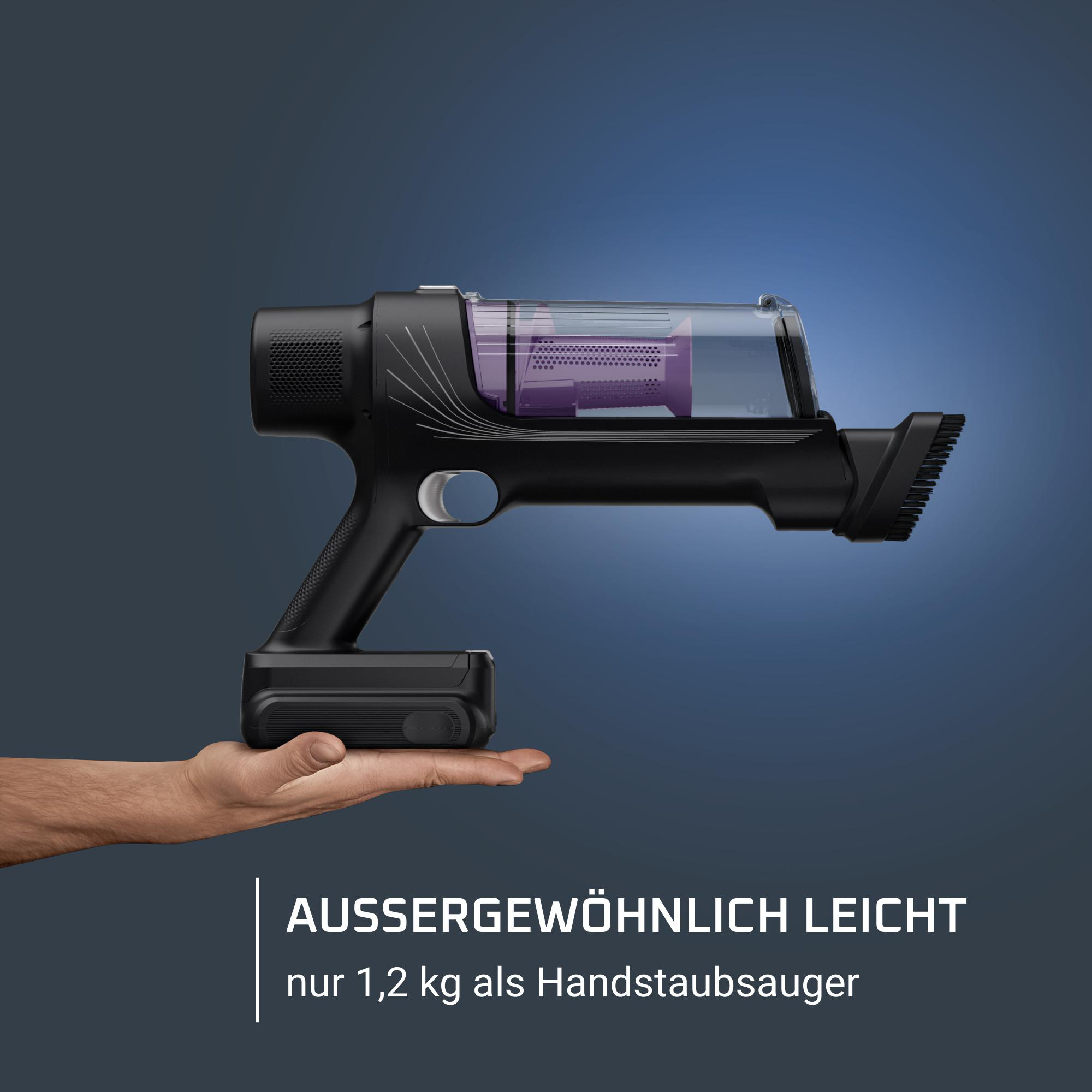 Handstaubsauger in der Hand gehalten. Text sagt, es ist leicht.
