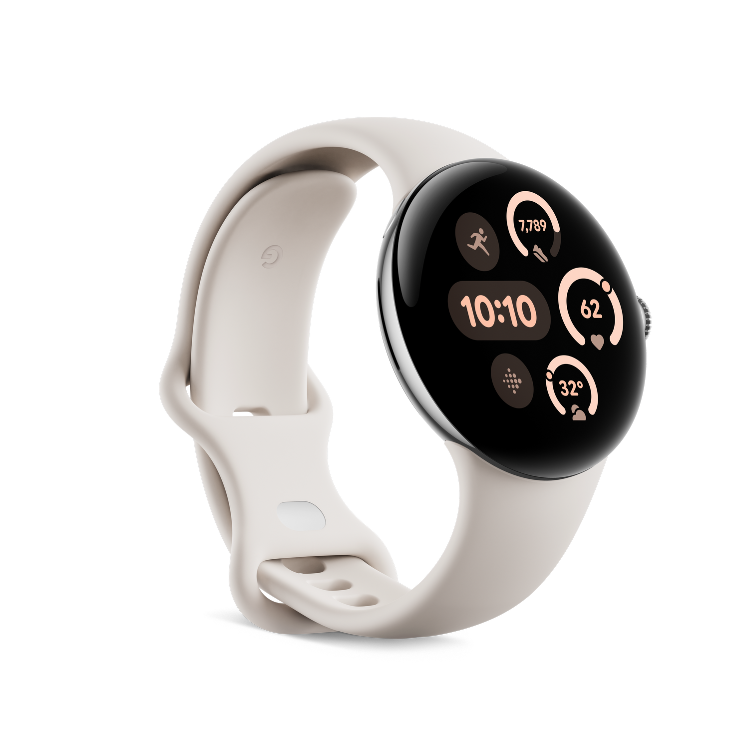 Reloj inteligente color crema con esfera redonda. Muestra hora, pasos y ritmo cardíaco.