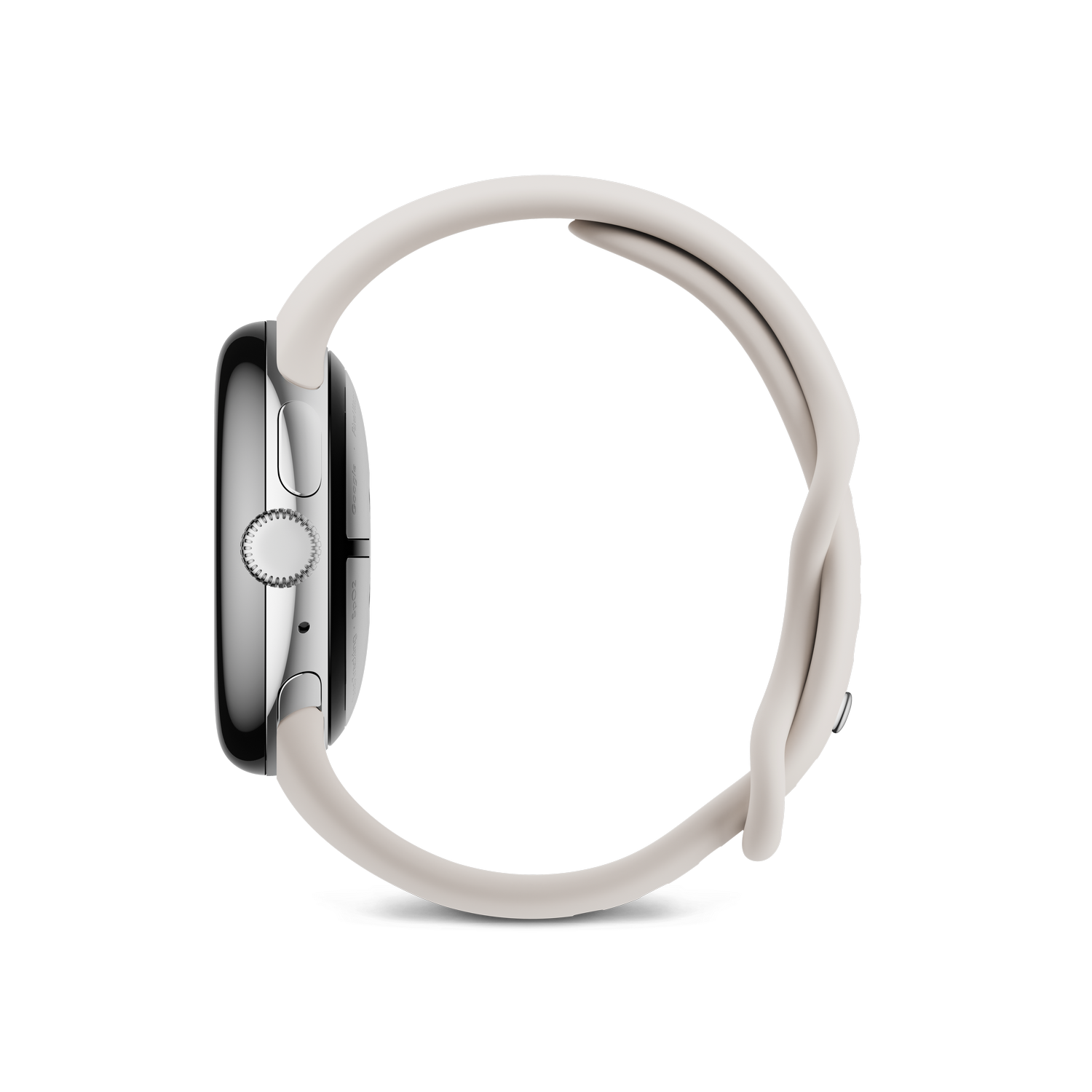 Un Apple Watch plateado con una correa blanca se ve de lado, sobre un fondo negro.