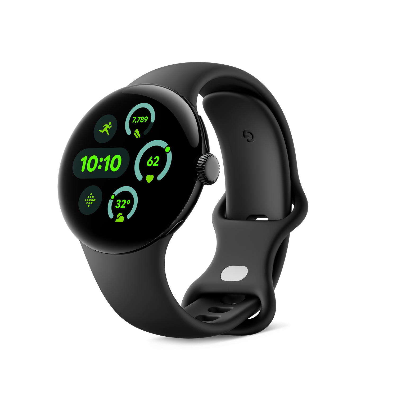 Reloj Google Pixel negro que muestra la hora, pasos, frecuencia cardíaca y temperatura en una muñeca.