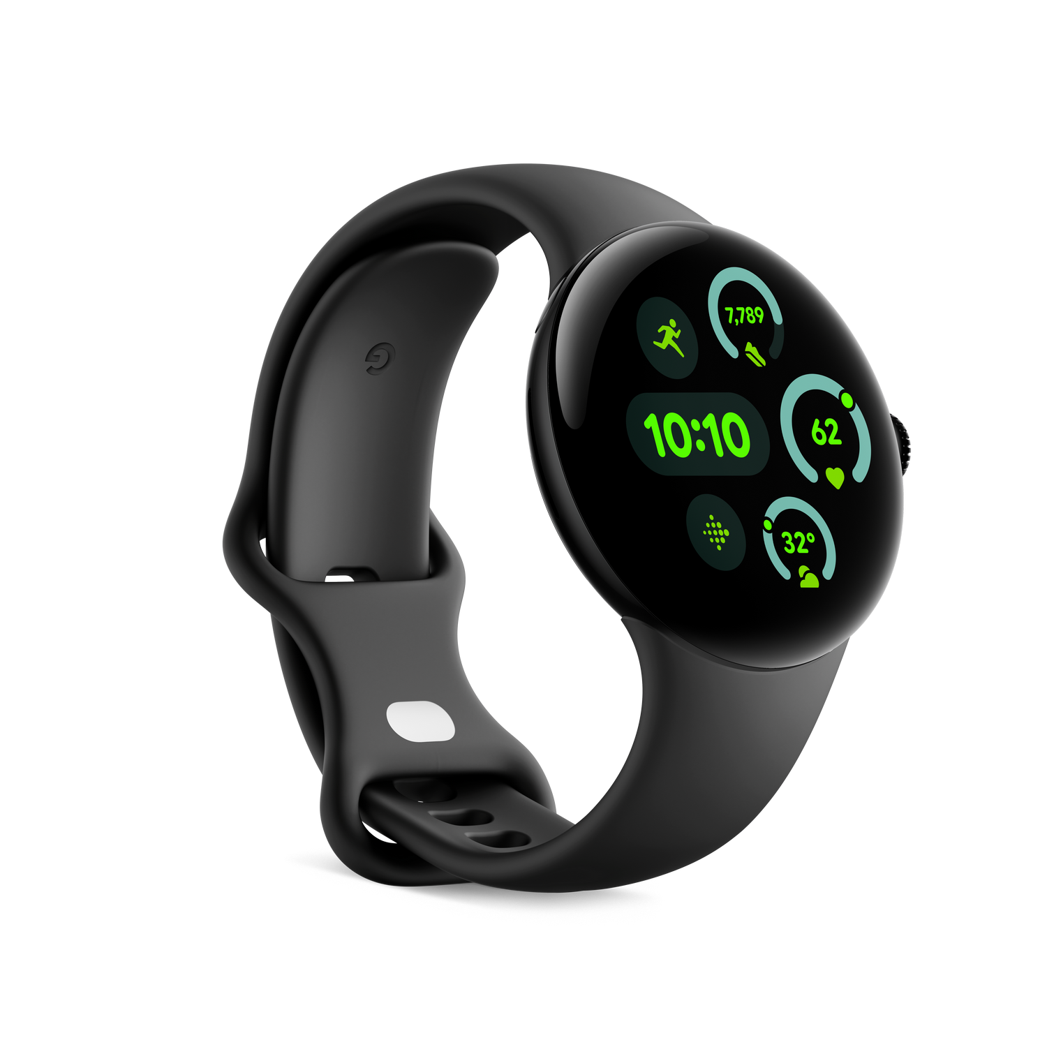 Smartwatch negra con esfera redonda, mostrando hora, pasos y frecuencia cardíaca. Correa negra.