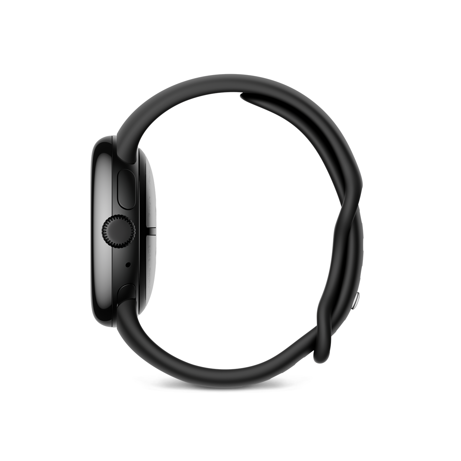 Smartwatch negra, vista lateral. Muestra el botón lateral, una correa negra y fondo negro.