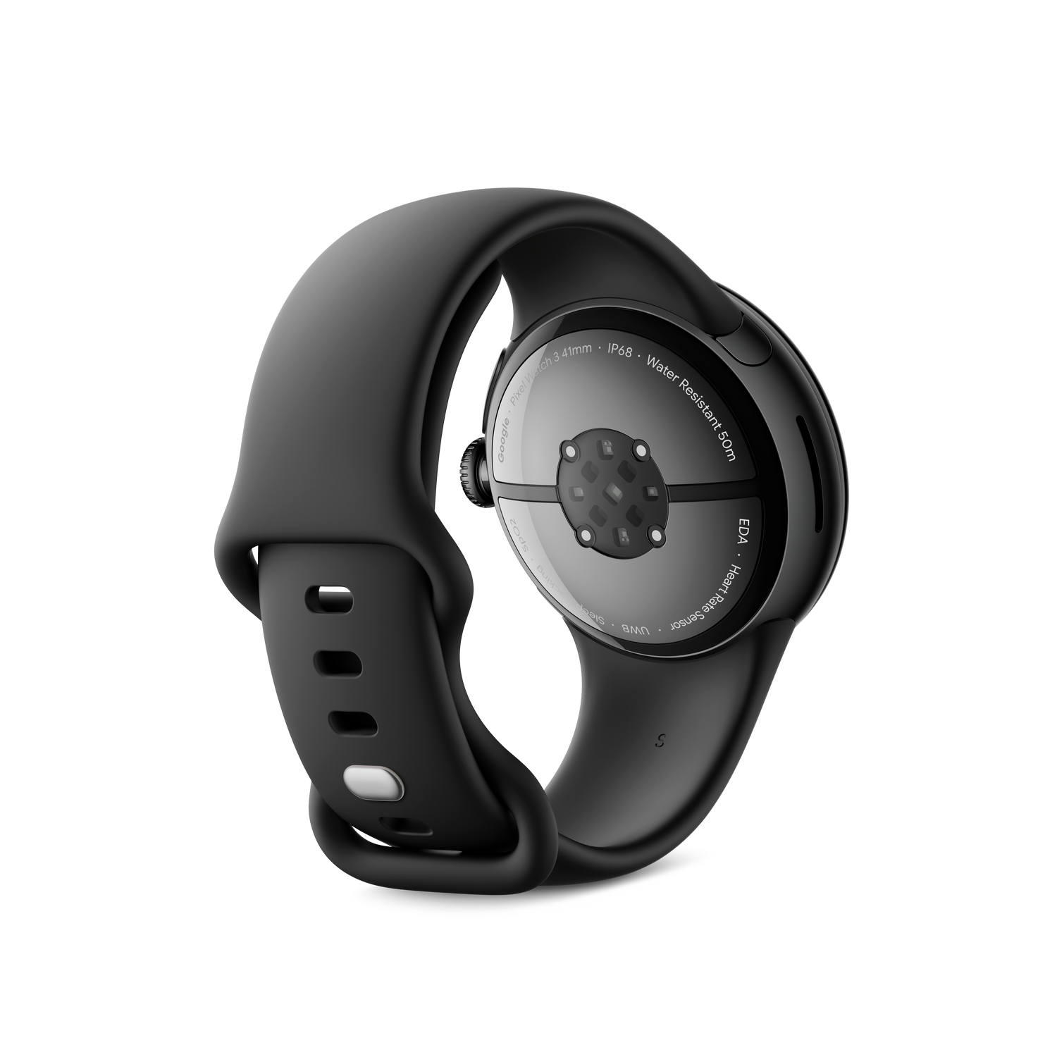 Smartwatch negra con correa negra, sensor de frecuencia cardíaca y etiqueta UWB en la parte posterior.