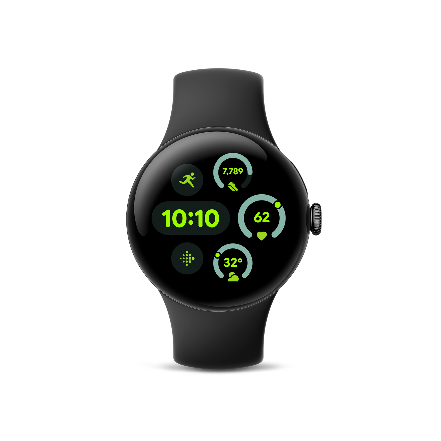 Smartwatch negra que muestra la hora, los pasos, la frecuencia cardíaca y la temperatura en su pantalla.