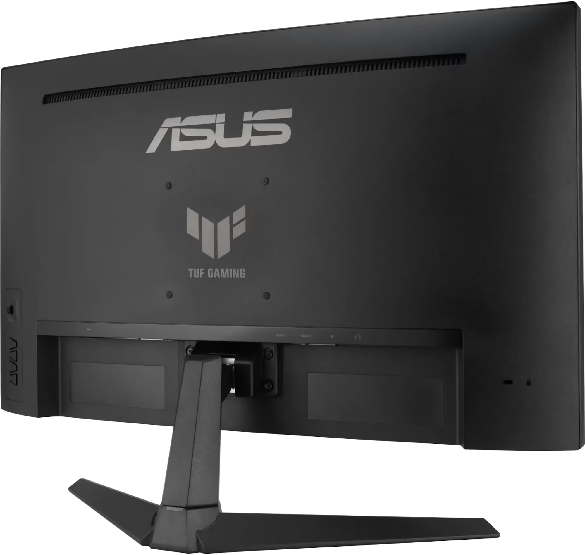 Egy fekete Asus TUF Gaming monitor hátulja, állvánnyal és látható portokkal.