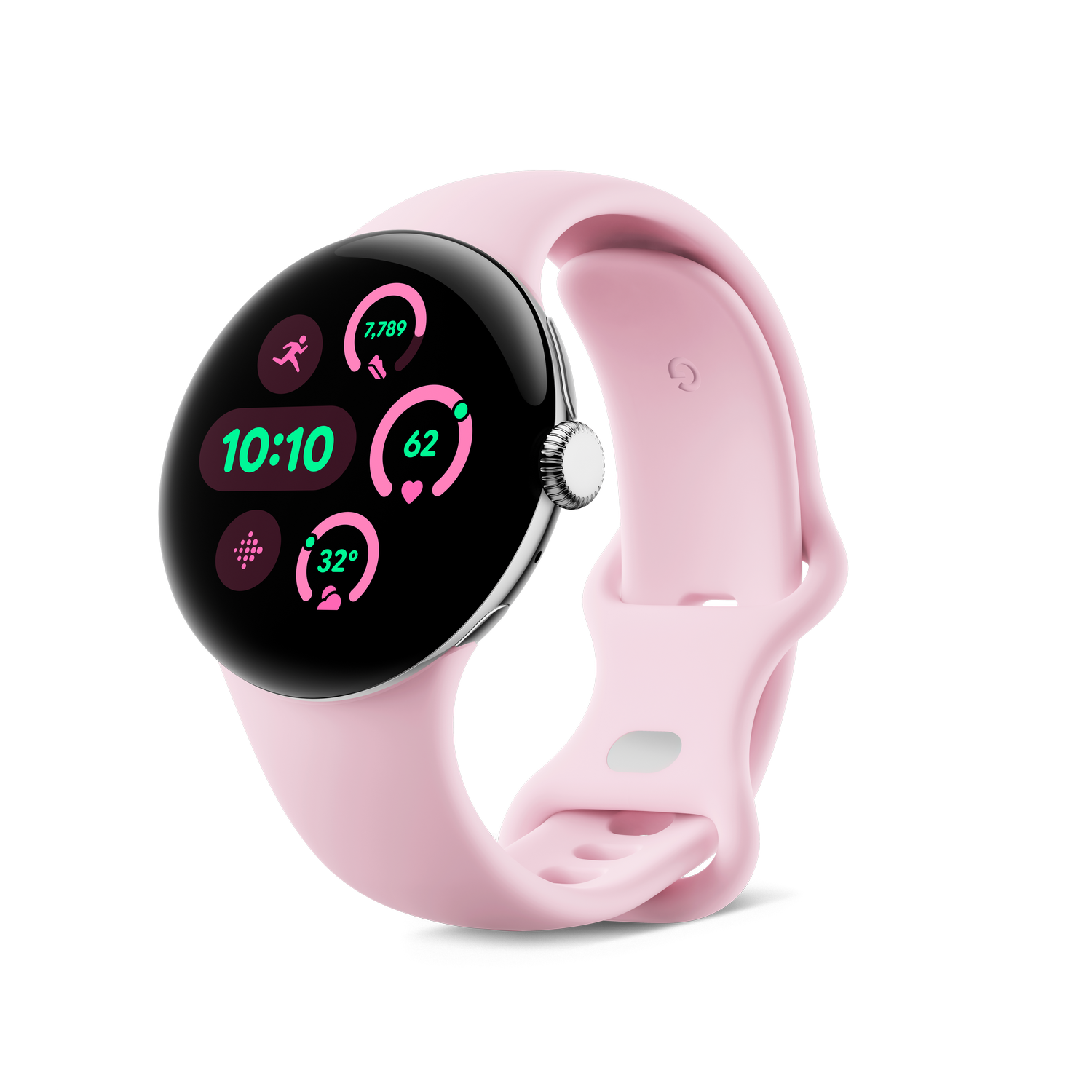 Un reloj inteligente rosa con una banda rosa, que muestra la hora, pasos, frecuencia cardíaca y temperatura.