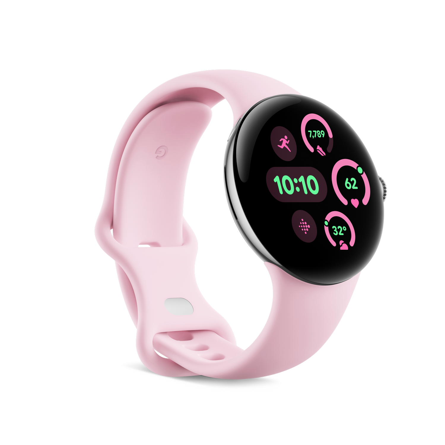 Un reloj inteligente rosa con una pantalla redonda que muestra datos de fitness.