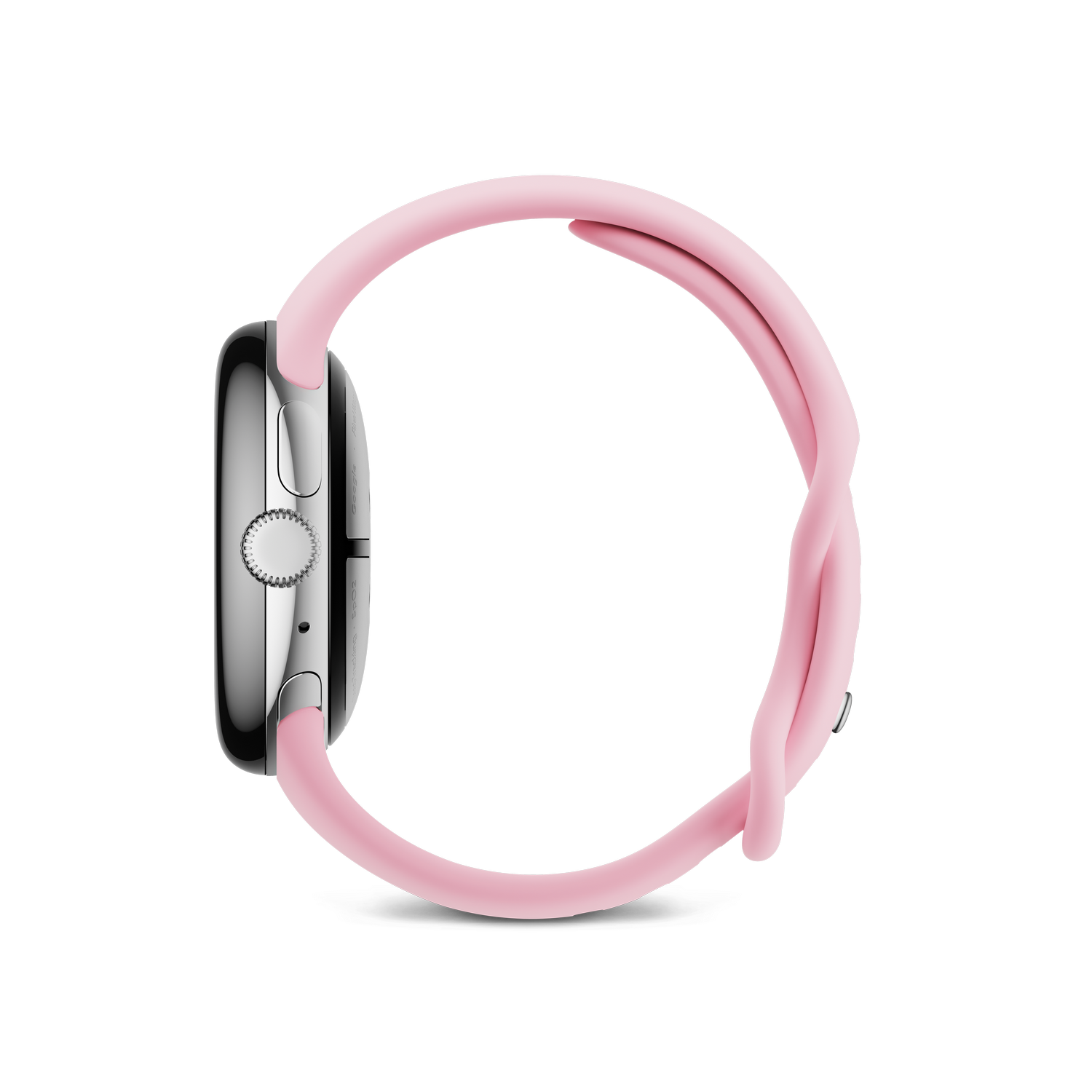 Vista lateral de un Apple Watch plateado con una correa deportiva rosa.