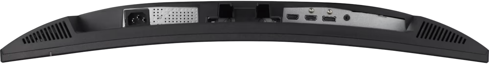 Egy ívelt számítógép monitor hátulja, látható portokkal és csatlakozásokkal.