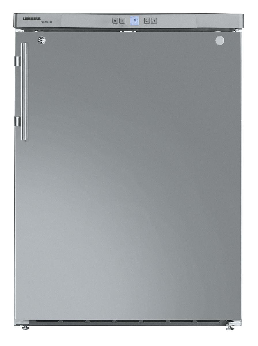 Silberner Liebherr Premium Kühlschrank mit Griff und Digitalanzeige. Hat eine Glastür.
