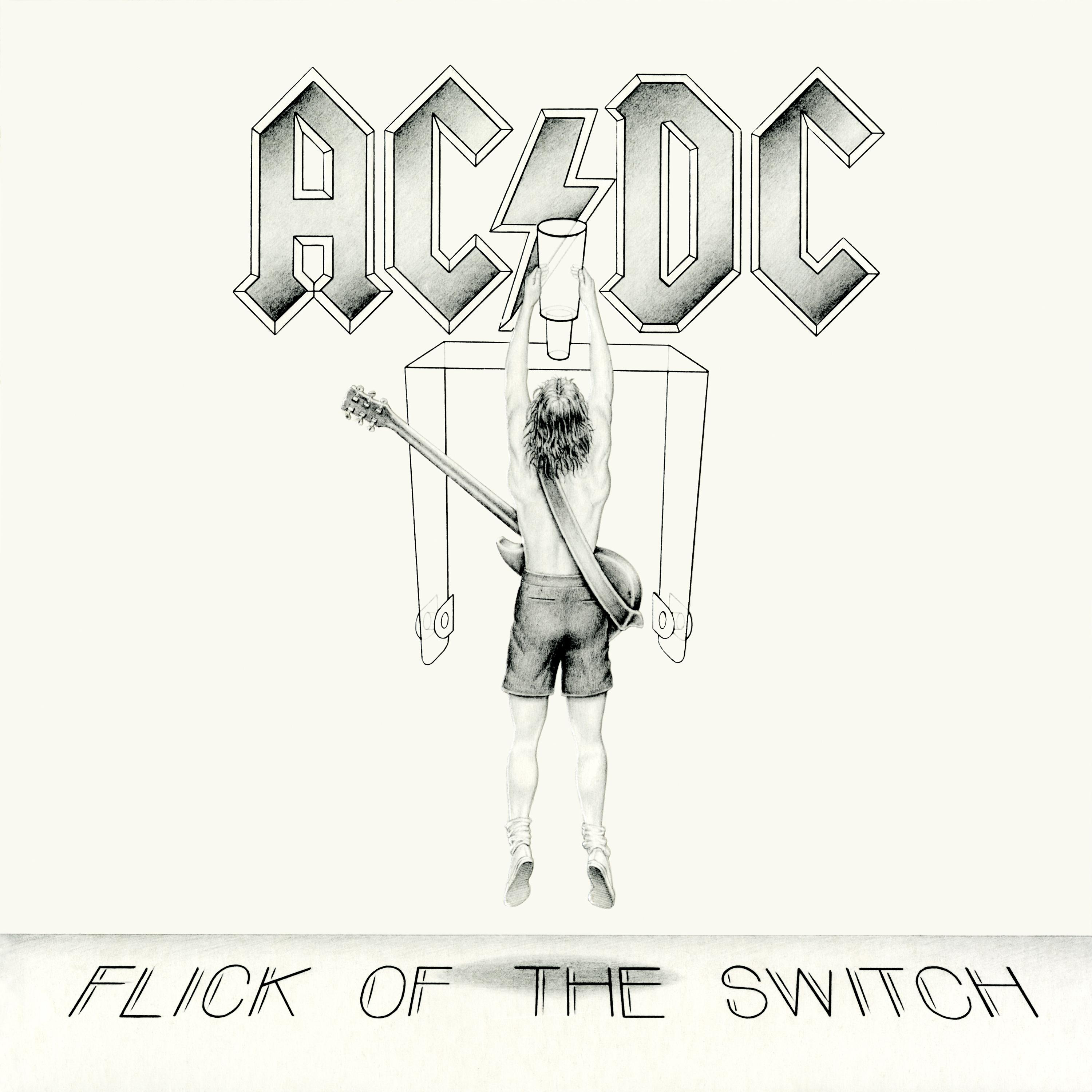 AC/DC-Albumcover. Ein Mann mit dem Rücken zum Betrachter hält einen Behälter in der Nähe des Logos.